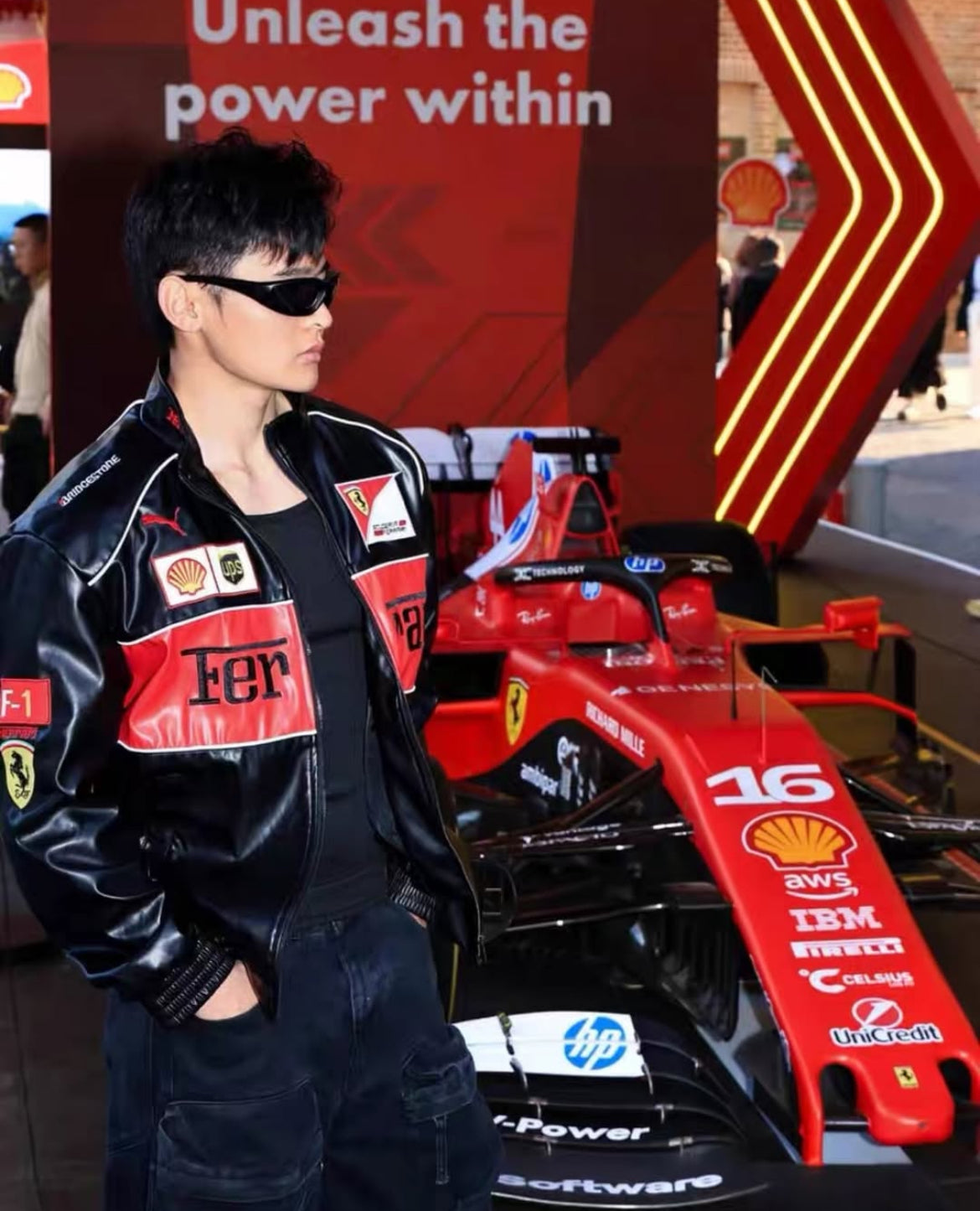 BLACK FERRARI SCUDERIA LEATHER RACING JACKET